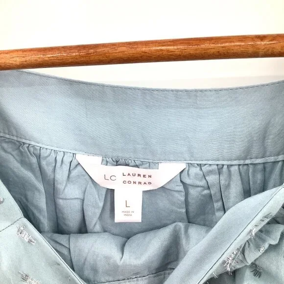 Lauren Conrad Women's L Light Blue Silver Cotton Puff Sleeve Square Neck Top - Picture 2 of 5